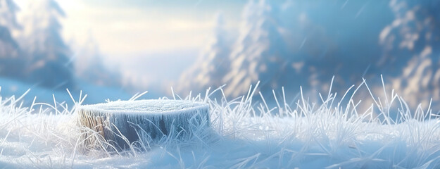 Close-up of a frosty tree stump in a snow-covered meadow on a winter morning with blurry forest background