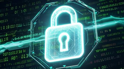 A digital lock icon is illuminated against a backdrop of green binary code, symbolizing the principles of data security and encryption in the virtual landscape. - Powered by Adobe
