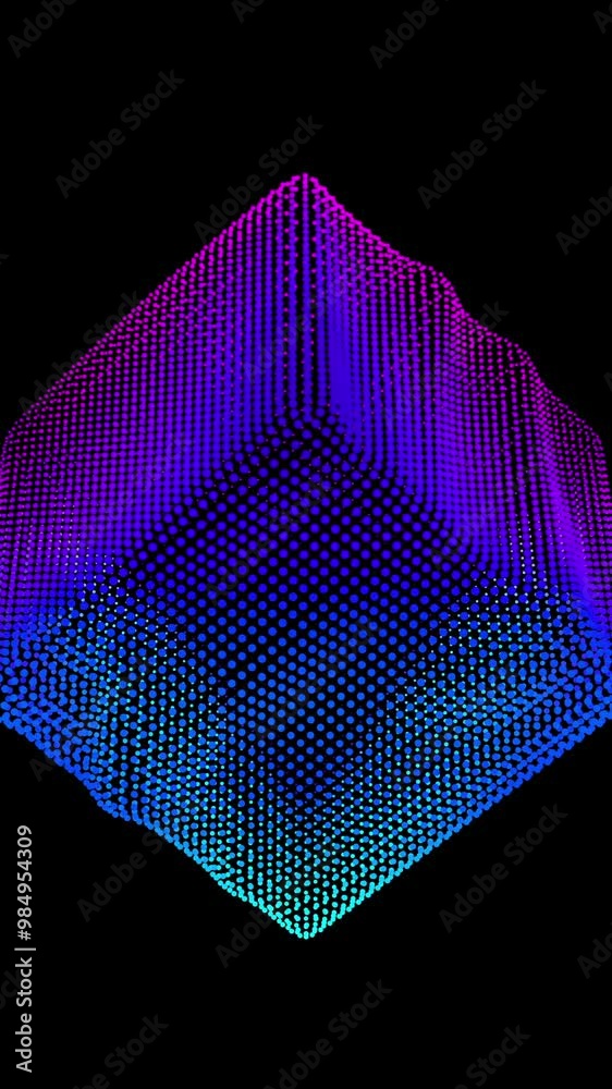 Poster looped distortion waves on abstract cube of particles. digital data splash of box point array. futur