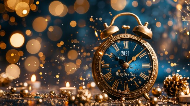 New Year’s Eve celebration with a clock striking midnight and fireworks lighting up the skyline in 2025