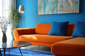 Contemporary Living Room Design in Orange and Blue Color Scheme
