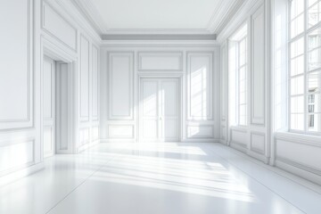 Blank White Interior with Posters, Doors and Huge Windows. Modern Office Design Concept
