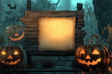 A blank sheet of paper on an old wooden sign, spooky pumpkins in the background a Halloween night theme Generative AI