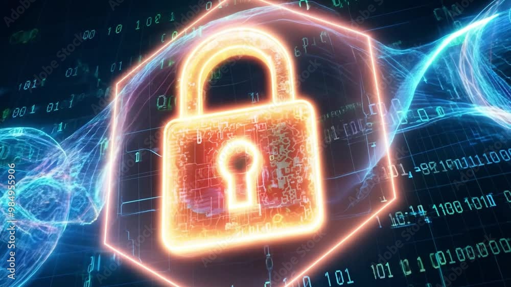 Fototapete A glowing lock icon represents data security, embedded in a network of flowing binary code. This visual captures the essential concept of cybersecurity in the digital age.