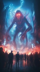 Digital art of a shadowy figure in the skies above people in a purple-toned scene. Insane neon-hued demons in dark energy.