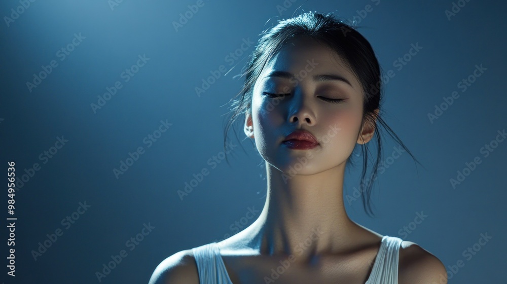 Poster A Woman with Closed Eyes Under Blue Lighting