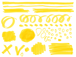 PNG Hand drawn sketch hatching line smear stroke. Felt-tip pen, watercolor marker texture stain isolated on transparent background. Yellow color. Set.