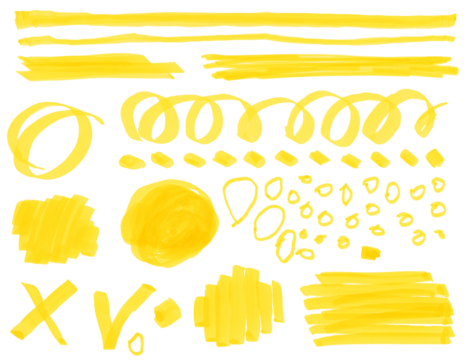 PNG Hand drawn sketch hatching line smear stroke. Felt-tip pen, watercolor marker texture stain isolated on transparent background. Yellow color. Set.