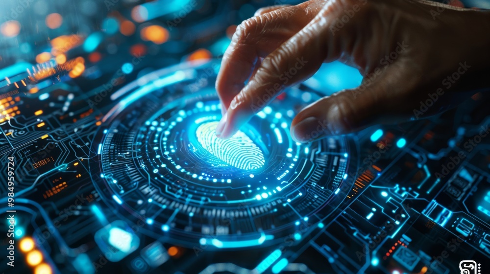 Poster close-up of a finger activating a digital interface with swirling lights and patterns in a tech envi