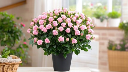 Fototapeta premium A large bouquet of pink roses fills an elegant black vase on the counter, accompanied by a basket of eucalyptus leaves, set against a vibrant flower shop background
