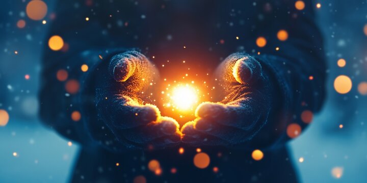 Hands holding glowing sun. Pagan New Year and winter solstice celebration concept. Image for greeting card, banner with copy space.