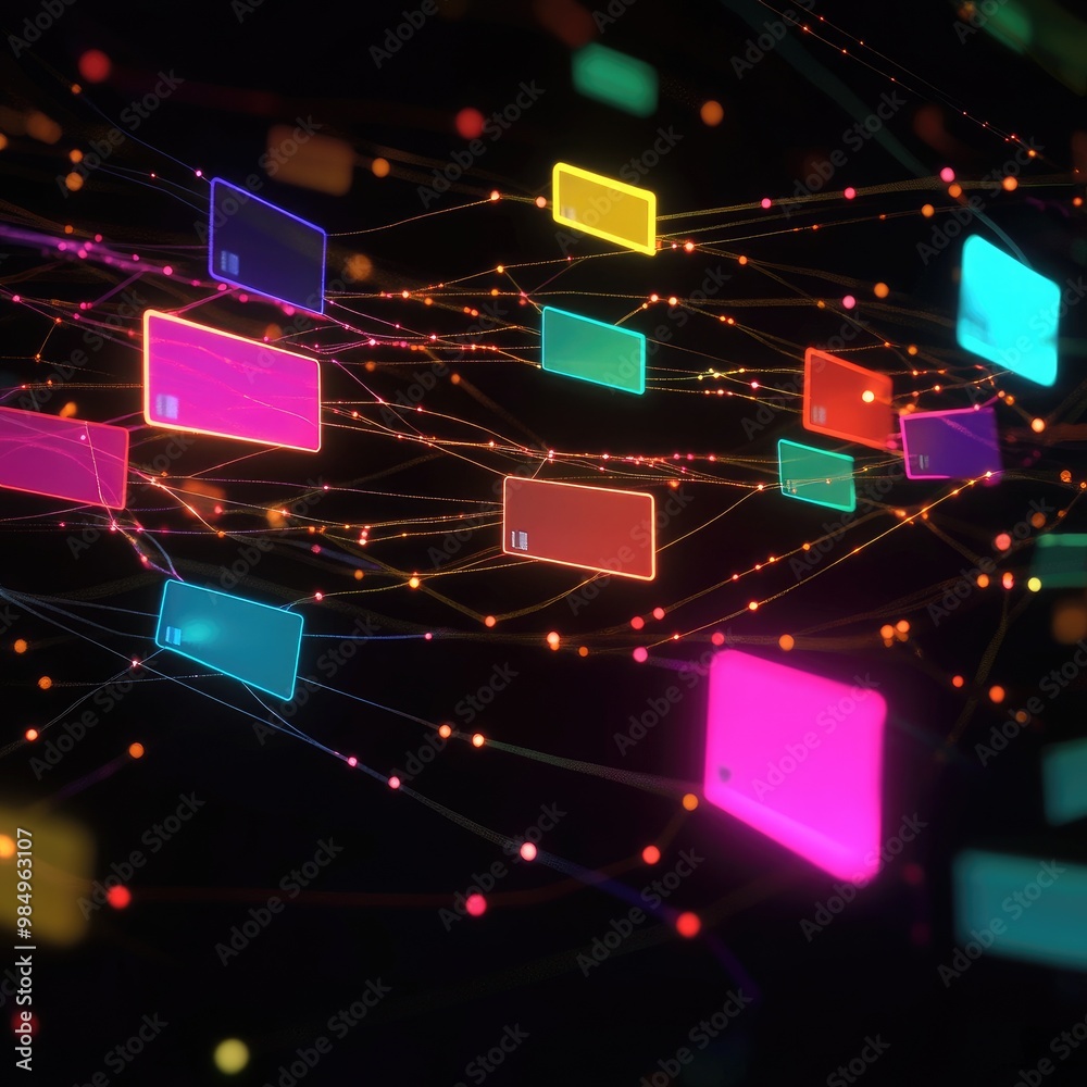 Wall mural abstract network of glowing colorful rectangles and lines on black background.