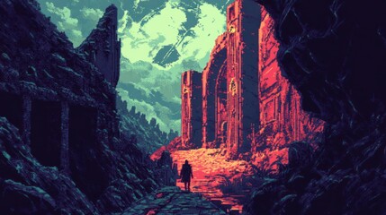 A Single Figure Walks Towards a Red-Lit Cityscape Through a Dark Canyon