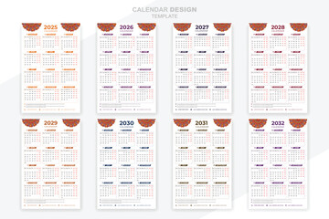 Calendar 2025, 2026, 2027,2028,2029, 2030, 2031, 2032 set with mandala creative design template