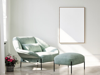 Minimalism living room with mock up poster on the wall background, 3d illustration.