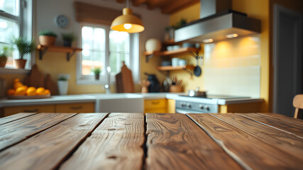Wooden table top on blur kitchen room background, yellow kitchen room. Generative AI