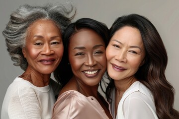 Fototapeta premium Three diverse women smiling on neutral background.