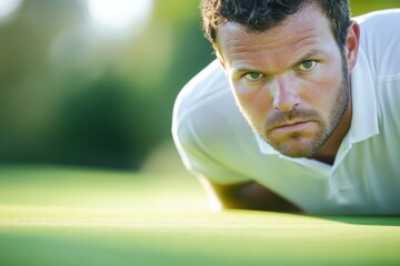 Focused golfer intently analyzing the green landscape during a sunny day on the golf course, showcasing concentration and determination