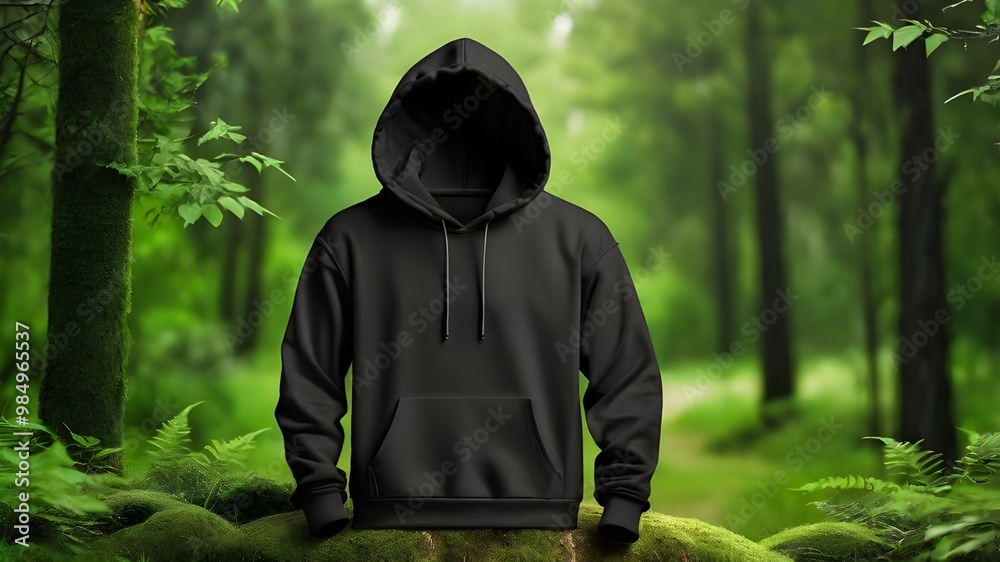 Sticker Black Blank hoodie mockup on green natural jungle background.Blank sweatshirt black color preview template front and back view . crew neck mock up isolated on nature background.Winter Cloth collection