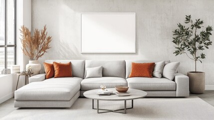 Fototapeta premium A spacious living room features a large blank frame on grey walls, complemented by a cozy sofa, coffee table, lush plants, and warm orange accents illuminated by sunlight
