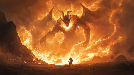 A dramatic scene of a demon unleashing a storm of fire and brimstone from a desolate wasteland.