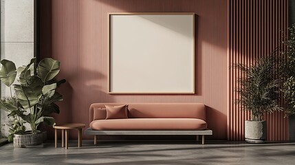 A spacious living room features a large blank frame on grey walls, complemented by a cozy sofa, coffee table, lush plants, and warm orange accents illuminated by sunlight