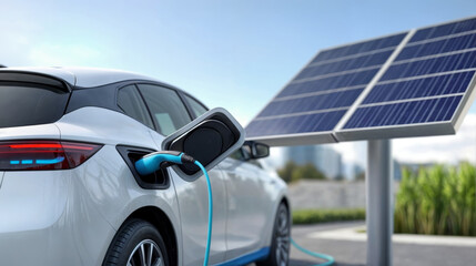 Naklejka premium Electric vehicle charging at ecofriendly station with solar panels in background