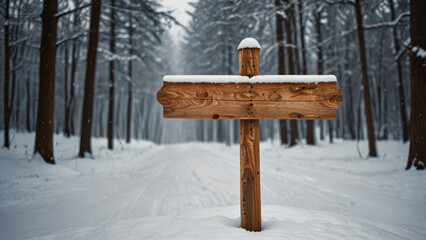 Naklejka premium A rustic wooden signpost stands in a blanket of freshly fallen snow in the mountain forest