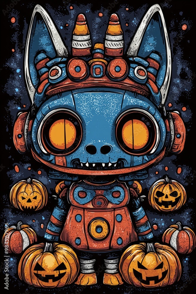 Poster Robot Cat with Pumpkins