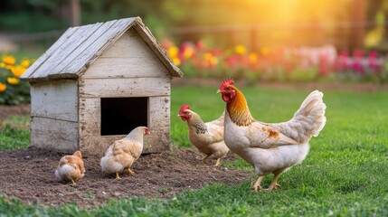 Fototapeta premium A group of chickens pecks at the ground near their weathered wooden coop, surrounded by vibrant flowers and lush greenery under the warm glow of the setting sun