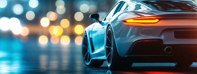 Modern sports car illuminated by city lights on wet urban street at dusk