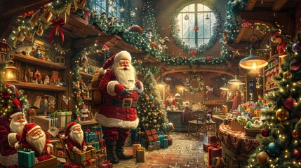 Fototapeta premium Santa Claus prepares gifts in a cozy workshop filled with holiday decorations during a snowy winter evening