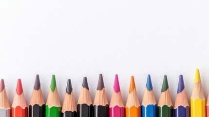 This artwork features an array of bright crayons and pencils lined up neatly against a pristine white background, showcasing a palette of colors ideal for creative projects.
