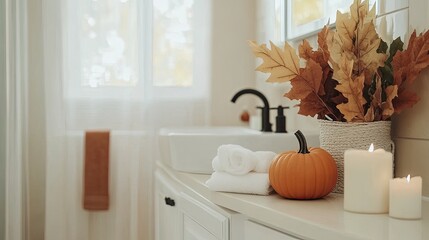 A sleek black matte faucet sits in a stylish bathroom next to a bright orange pumpkin, creating a warm fall atmosphere with sophisticated charm