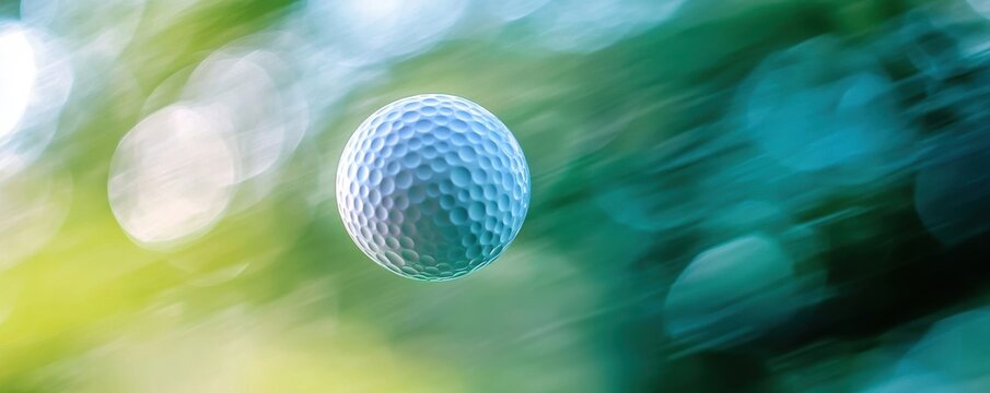 Golf ball in motion with bokeh effect on a green outdoor background, capturing the essence of golf precision and dynamic movement