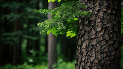 Obraz premium A low-angle perspective reveals the intricate textures of a pine tree trunk, bathed in moody lighting, highlighting the dark green and brown hues of the forest