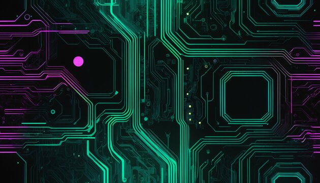 Circuit carte sd r&eacute;seau neurone internet wifi ordinateur composant vert violet &eacute;lectronique n&eacute;on puce processeur.