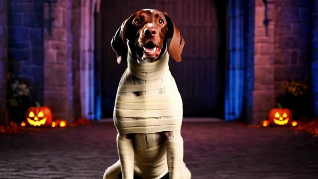 German Shorthaired Pointer dog wrapped in mummy bandages costume standing at spooky castle gate entrance, Halloween jack o lantern decorations