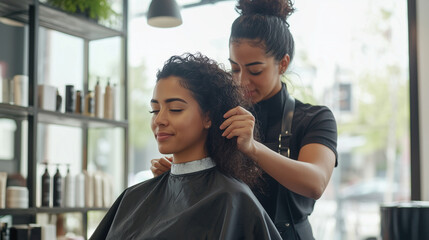 A Hispanic hairdresser carefully styles a female client's hair in a modern beauty salon, with sleek décor and hair products in the background, representing the small business atmos