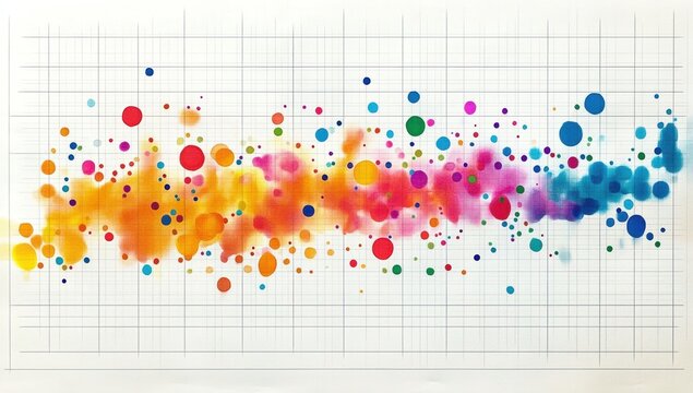 Colorful scatter plot graph shows strong positive correlation between two variables, with scattered data points forming a straight line on a white background