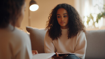 sad young woman sitting on a comfortable couch, looking contemplative as she speaks with a psychologist who is taking notes, creating a warm and supportive atmosphere in a softly l
