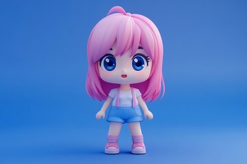 Obraz premium Cute anime girl doll with pink hair and big eyes