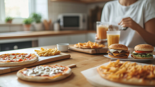 cheerful individual sitting at a kitchen table, with a variety of fast food options laid out, including pizza, burgers, and drinks, radiating joy as they prepare to enjoy their mea