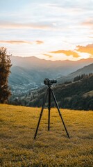 Naklejka premium A DSLR camera is positioned on a sturdy tripod, ready to capture the breathtaking colors of the sunset illuminating the mountainous horizon. The setting is serene and picturesque.