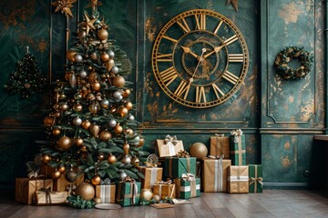 A beautifully decorated Christmas tree with presents beside an antique clock in an elegant urban interior setting during the holiday season
