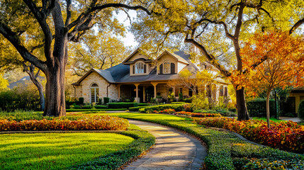Beautiful Texas home with a lush yard, vibrant autumn foliage, and rich fall colors.