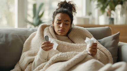 wider shot of a young woman lying on a sofa, wrapped in a blanket, holding a thermometer with a worried expression, surrounded by comforting items like tissues and a glass of water