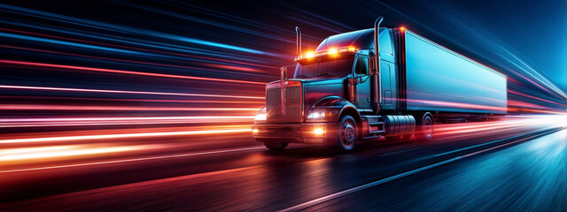Large semi truck speeding on highway at night with dynamic light trails