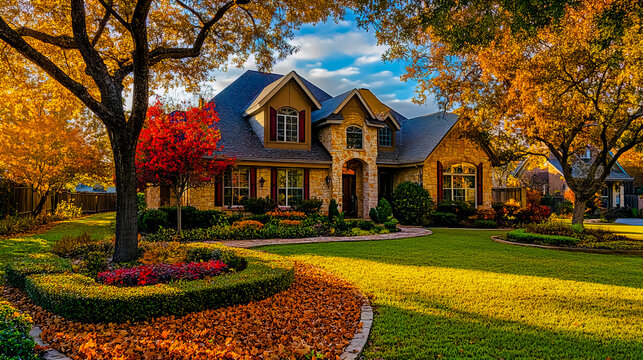 Beautiful Texas home with a lush yard, vibrant autumn foliage, and rich fall colors.