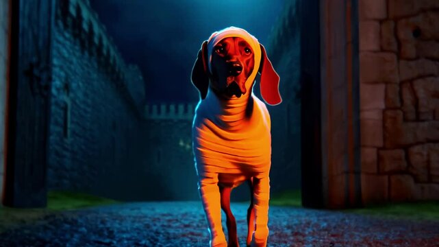 German Shorthaired Pointer dog wrapped in Halloween mummy bandages costume standing at spooky castle gate entrance